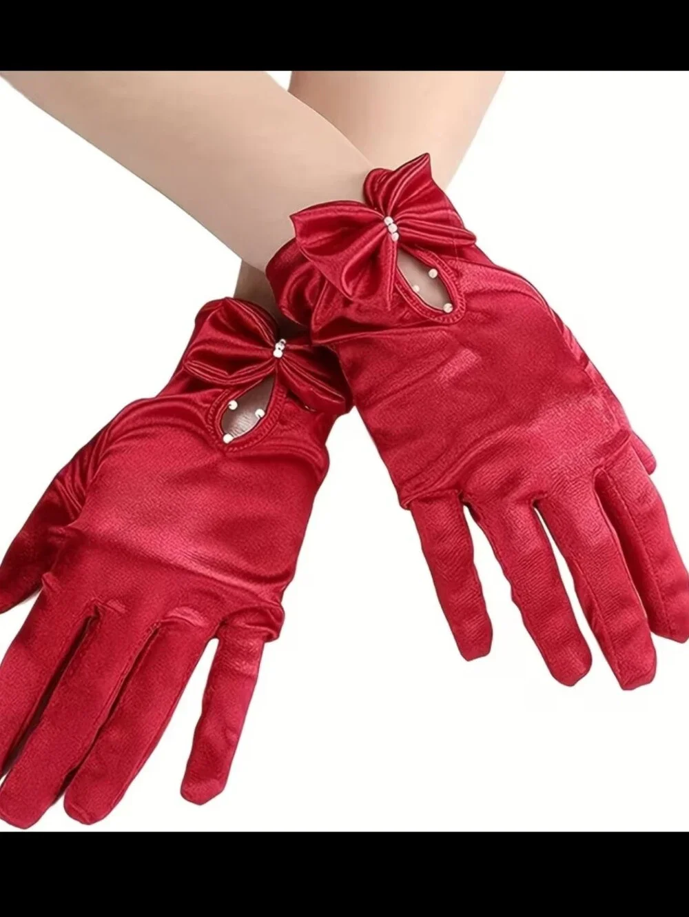 Elegant Red Satin Short Wrist Length Evening Gloves W/Bow & Faux Pearl Detail